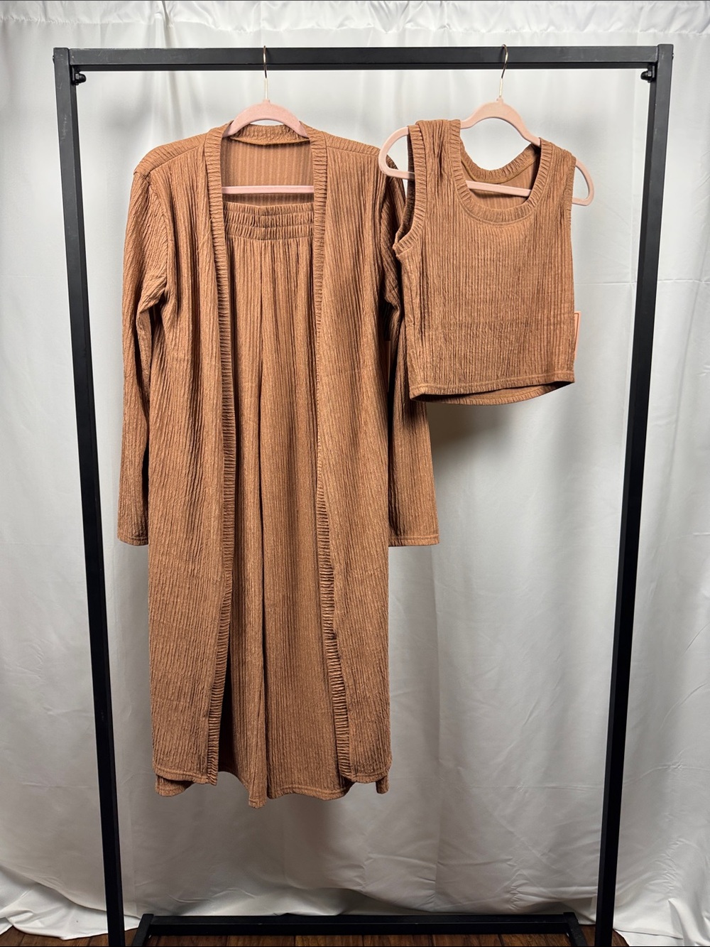 NWT 3 Piece Ribbed Knit Matching Set Duster Tank Wide Leg Pants L - Picture 2 of 12